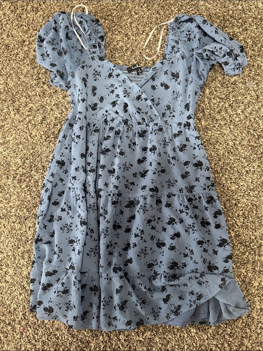 Lulu's Powder Blue Wrap Dress with Black Floral Print